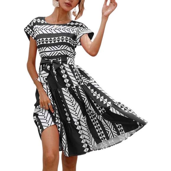 Camisa Dresses & Skirts - Camisa Black Geometric Tie Waist Tiered A-Line Dress Size L